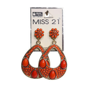 Miss 21 Orange Faux Stone Teardrop Gold Tone Earrings - New On Card